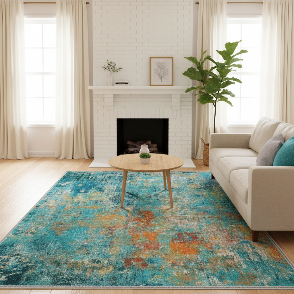 Teal Green Watercolor Rug in Fireplace Living Room – Machine Washable Non-Slip Area Rug