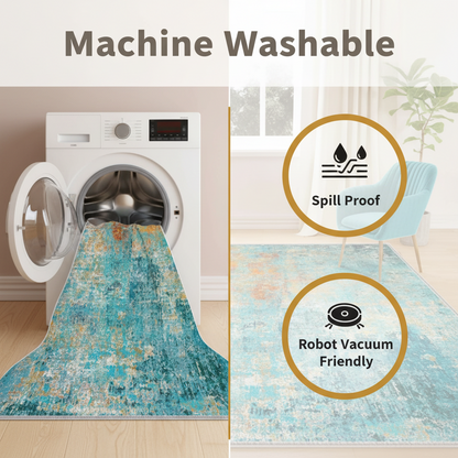 Teal Blue Green Area Rug Machine Washable – Easy Clean Non-Slip Large Living Room Rug