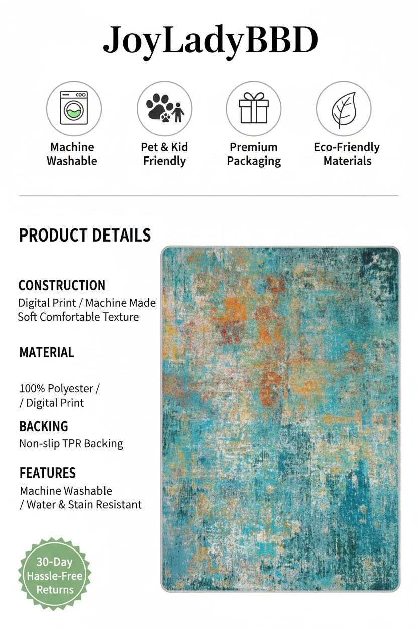 Teal Green Area Rug Size Guide and Product Details – Watercolor Abstract Non-Slip Rug