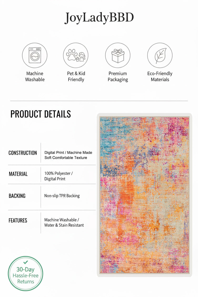 Burnt orange teal abstract area rug size guide and product details