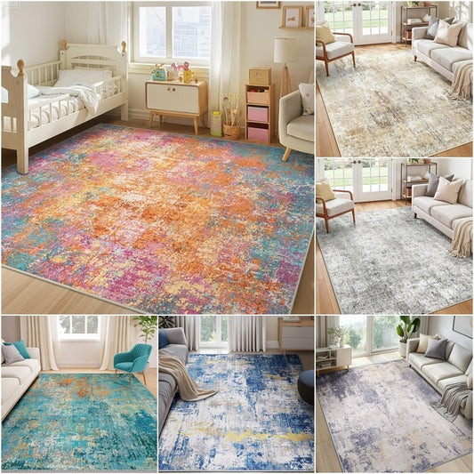 Watercolor abstract area rug in peach pink and multicolor, large washable non-slip rug for bedroom
